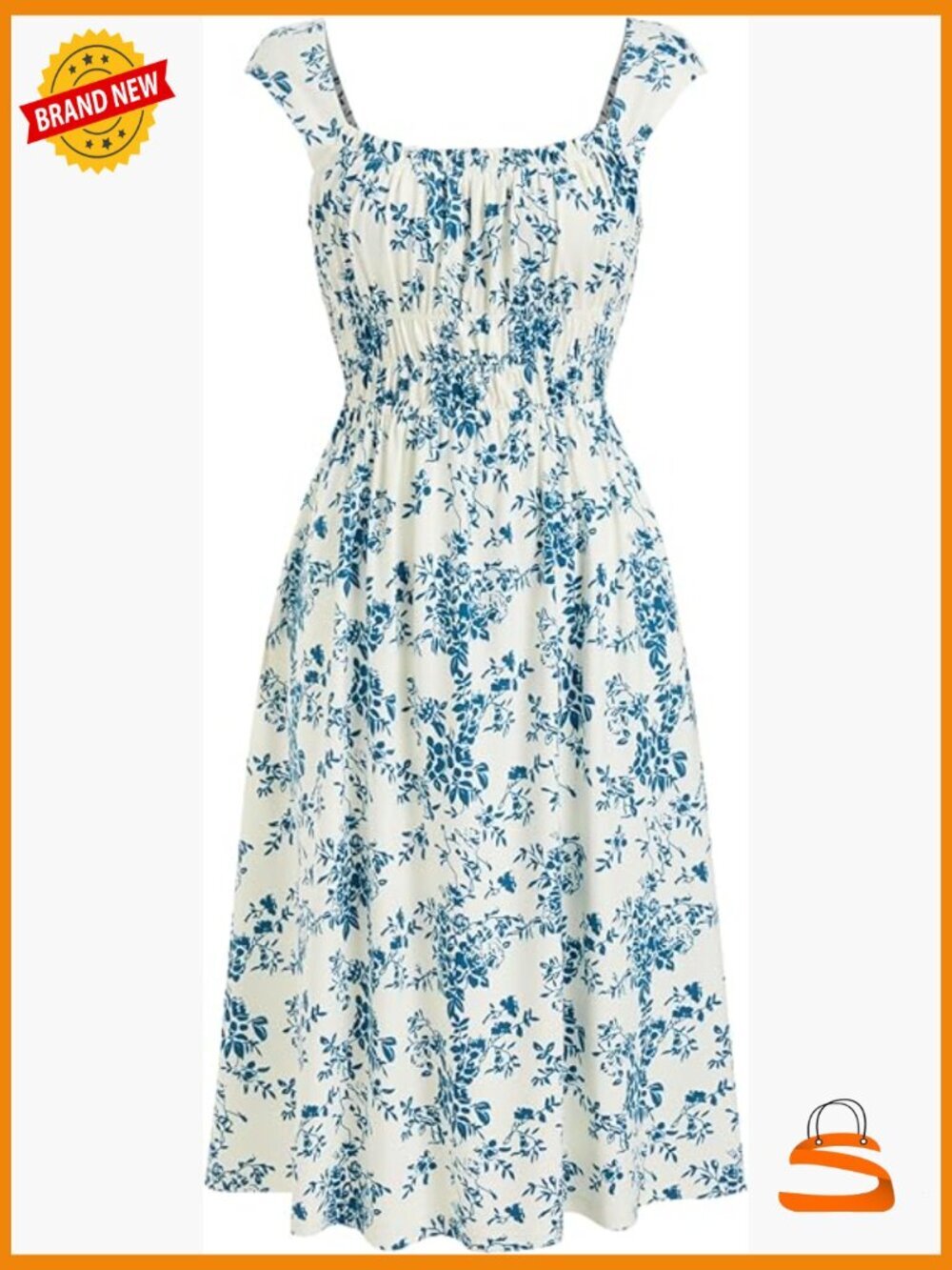 Floral Square Neck Midi Dress with Pockets, Short Sleeve Casual Summer Dress